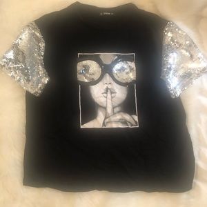 EUC black teeshirt with silver sequins , size large